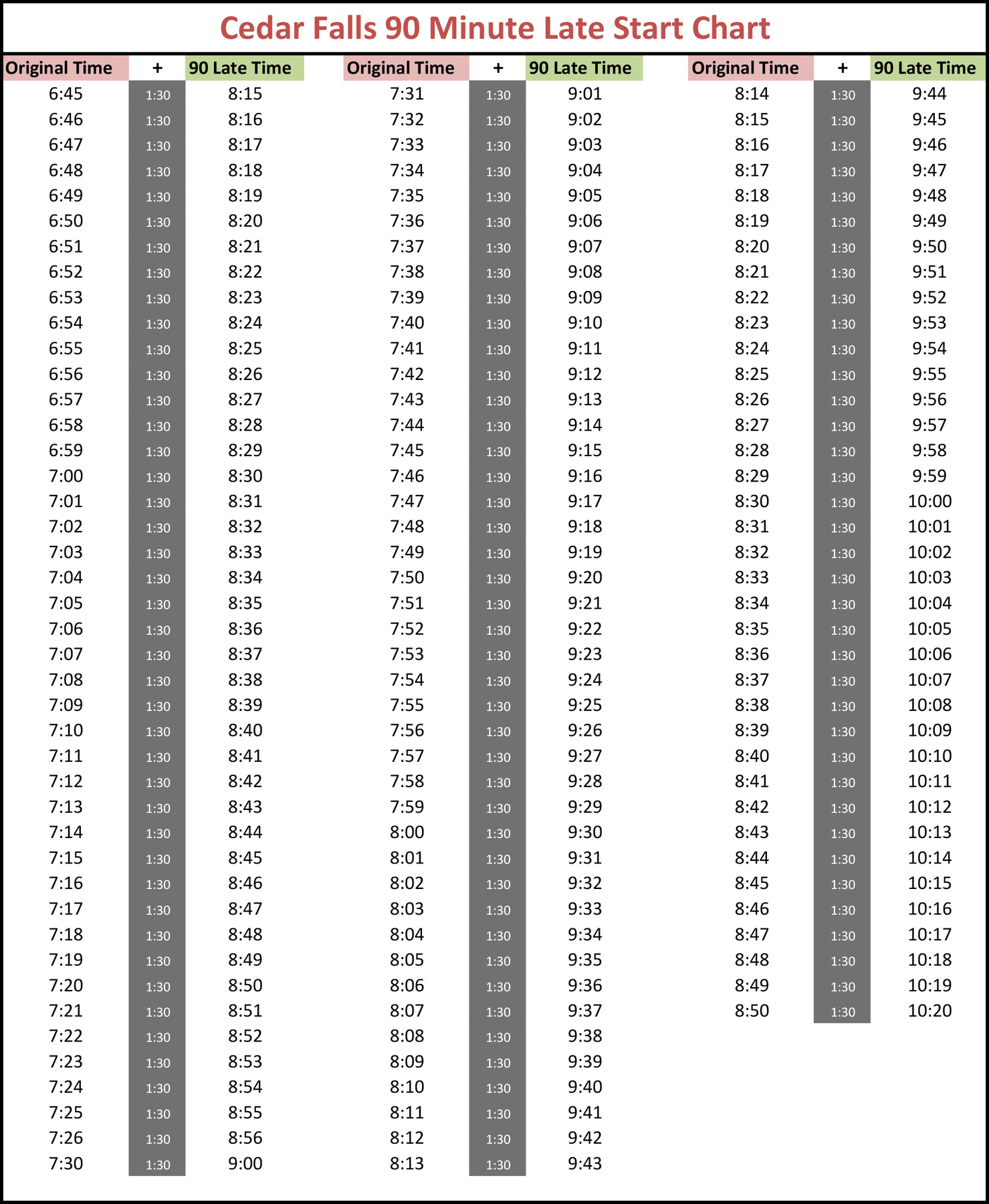 90 minute late start bus times